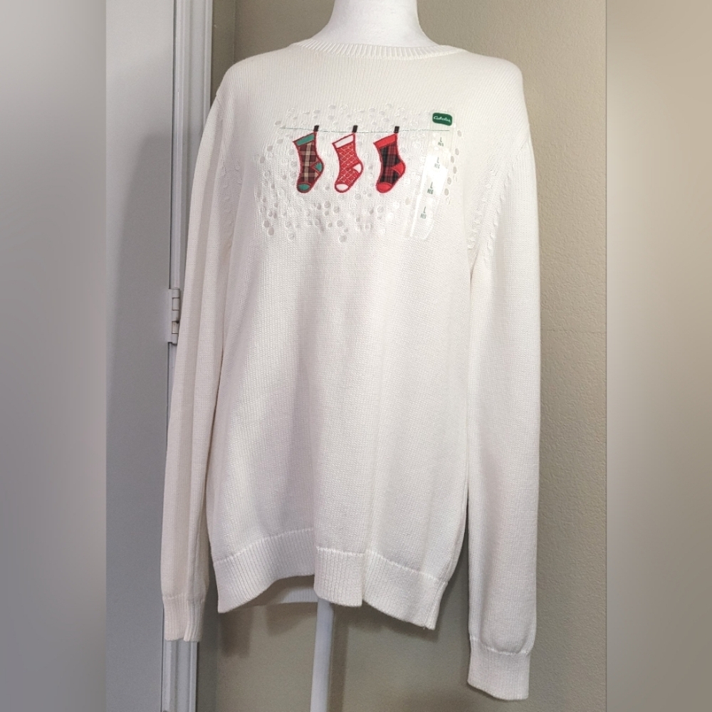 *New* Cabelas Womens Christmas Stocking Sweater, Size Large White/Red/Green